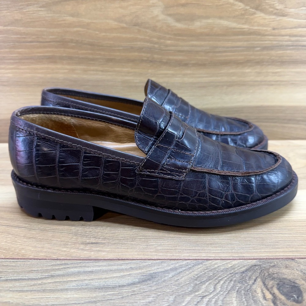 Ralph Lauren Vintage Penny Loafers Croc Womens 5.5 B Dark Brown Leather Lug Sole - Picture 5 of 11